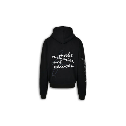 Make Memories, Not Excuses Hoodie. - Zwart. - Wit / Columbia Blauw.