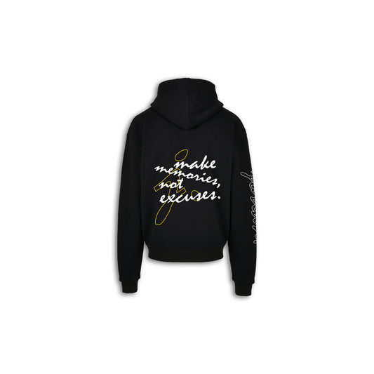 Make Memories, Not Excuses Hoodie. - Black. - White / Yellow.