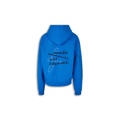 Make Memories, Not Excuses Hoodie. - Kobaltblauw. - Diepblauw / Wit.