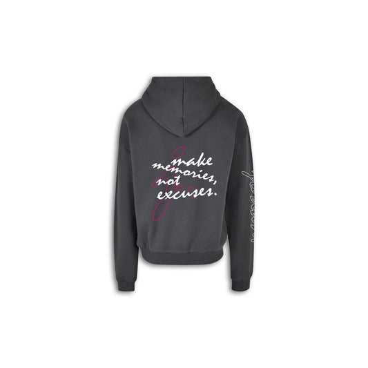 Make Memories, Not Excuses Hoodie. - Dark Grey. - White / Neon Pink.