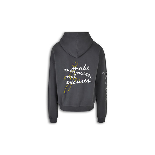 Make Memories, Not Excuses Hoodie. - Dark Grey. - White / Yellow.