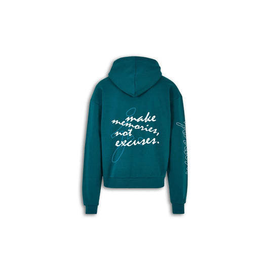 Make Memories, Not Excuses Hoodie. - Retro Green. - White / Light Blue.